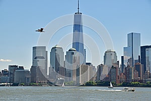 Modern New York City Viewed from Liberty State Park across Hudson River on a sunny day