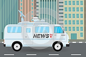 Modern news truck on city road, mobile broadcasting vehicle