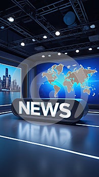 Modern newsroom set with sleek design and news desk display photo