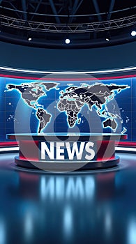 Modern newsroom set with sleek news desk display photo