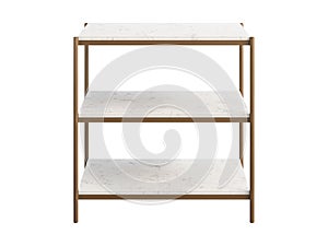 Modern nightstand with brass base and marble shelves. 3d render