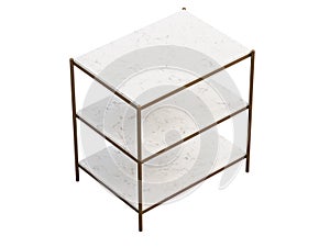 Modern nightstand with brass base and marble shelves. 3d render