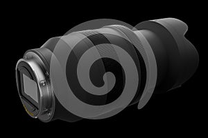 Modern nonexistent DSLR camera lens on black background