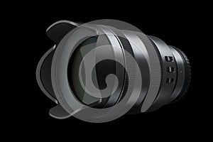 Modern nonexistent DSLR macro camera lens on black background