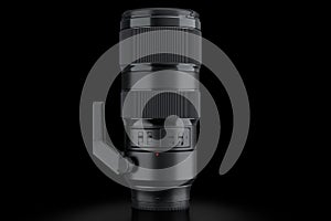 Modern nonexistent DSLR telephoto camera lens on black background