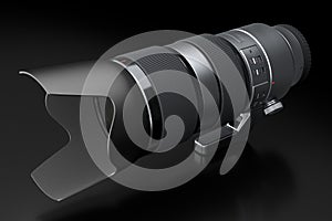 Modern nonexistent DSLR telephoto camera lens on black background