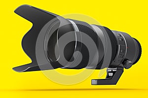 Modern nonexistent DSLR telephoto camera lens on yellow background