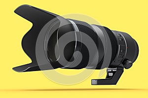 Modern nonexistent DSLR telephoto camera lens on yellow background