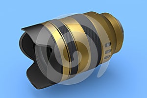 Modern nonexistent gold DSLR macro camera lens on blue background