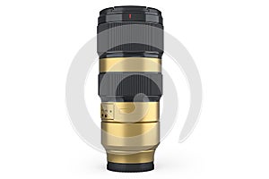 Modern nonexistent gold DSLR telephoto camera lens on white background