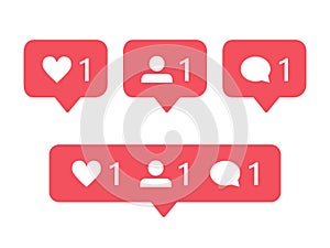 Modern notification icons for Instagram: like, follower and comment