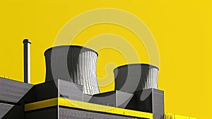 modern of a nuclear power plant, yellow black gray