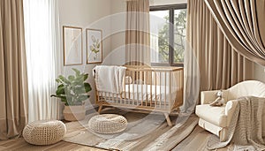 Modern nursery room interior, neutral unisex colors, Scandinavian Style. Children's room design with adorable baby