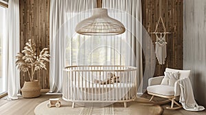 Modern nursery room interior, neutral unisex colors, Scandinavian Style. Children's room design with adorable baby