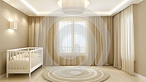 Modern nursery room interior, neutral unisex colors, Scandinavian Style. Children's room design with adorable baby