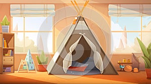 Modern nursery room interior with play tent for kids. an empty children playroom tent. generative ai