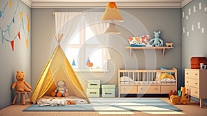 Modern nursery room interior with play tent for kids. an empty children playroom tent. generative ai