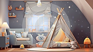 Modern nursery room interior with play tent for kids. an empty children playroom tent. generative ai