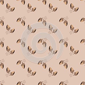 Modern oak leaf acorn vector seamless background pattern. Hand-drawn groups of leaves and acorns neutral monochrome