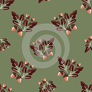 Modern oak leaf acorn vector seamless background pattern. Hand-drawn groups of leaves and acorns on sage green backdrop