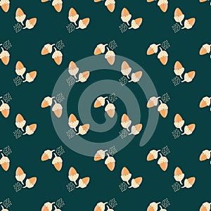 Modern oak leaf acorn vector seamless background pattern. Hand-drawn pairs of leaves and acorns on emerald green
