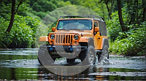 Modern off road vehicle driving trough river in the forest