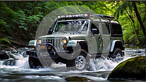 Modern off road vehicle driving trough river in the forest