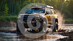 Modern off road vehicle driving trough river in the forest