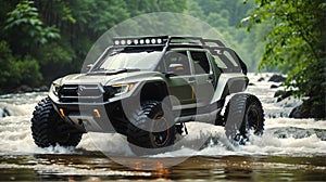 Modern off road vehicle driving trough river in the forest