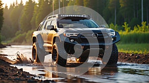 Modern off road vehicle driving trough river in the forest