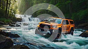 Modern off road vehicle driving trough river in the forest