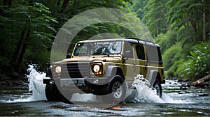 Modern off road vehicle driving trough river in the forest