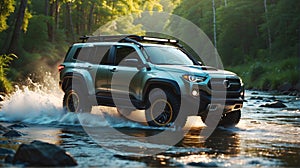 Modern off road vehicle driving trough river in the forest
