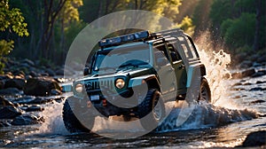 Modern off road vehicle driving trough river in the forest