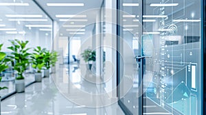 Modern office with advanced security system and biometric access for a safe and secure workplace.