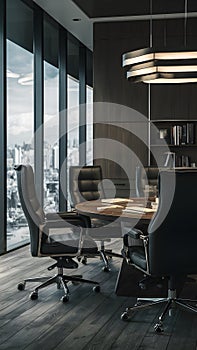 Modern office ambiance with luxurious empty chairs, executive setting
