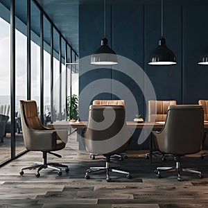 Modern office ambiance with luxurious empty chairs, executive setting
