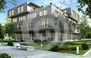 Modern office and apartment building in a green residential area of the city photo