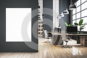 Modern office with blank white mock up banner on dark wall, parquet flooring, shelves or library interior with workplace, window