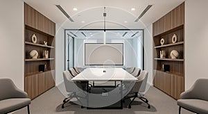 Modern office boardroom with large table, chairs, and projection screen