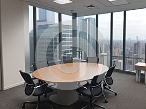 modern office boardroom and meeting room interior with desks, chairs and cityscape view.