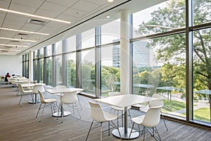 Modern office break area with large windows