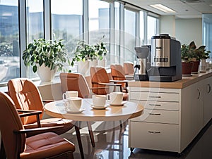 Modern office breakroom with autonomous coffee maker photo