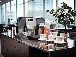 Modern office breakroom with autonomous coffee maker photo