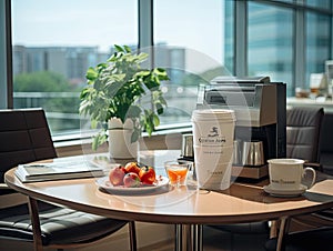Modern office breakroom with autonomous coffee maker photo