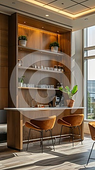 Modern office breakroom designed with sustainability in mind, featuring no disposables and a focus on reusable items photo