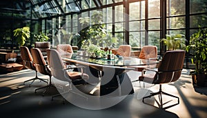 Modern office with bright windows, comfortable chairs, and teamwork discussions generated by AI
