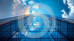 Modern office building with blue sky, and glass facades.