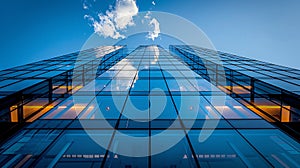 Modern office building with blue sky, and glass facades.