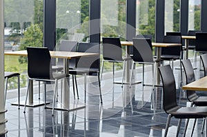 Modern office building cafeteria seating area